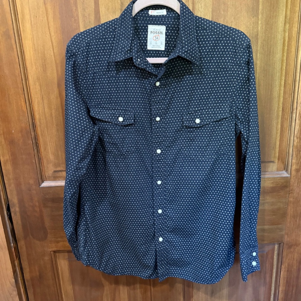 Fossil Authentic 54 Navy Horseshoe Print Western Pearl Snap Shirt Small